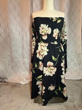 Black Floral Strapless Sundress with Pink Blooms
